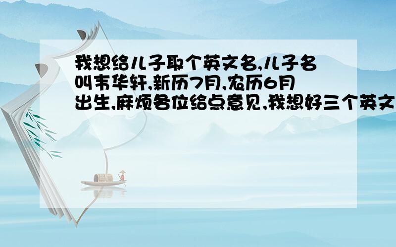 我想给儿子取个英文名,儿子名叫韦华轩,新历7月,农历6月出生,麻烦各位给点意见,我想好三个英文名：simom,parco