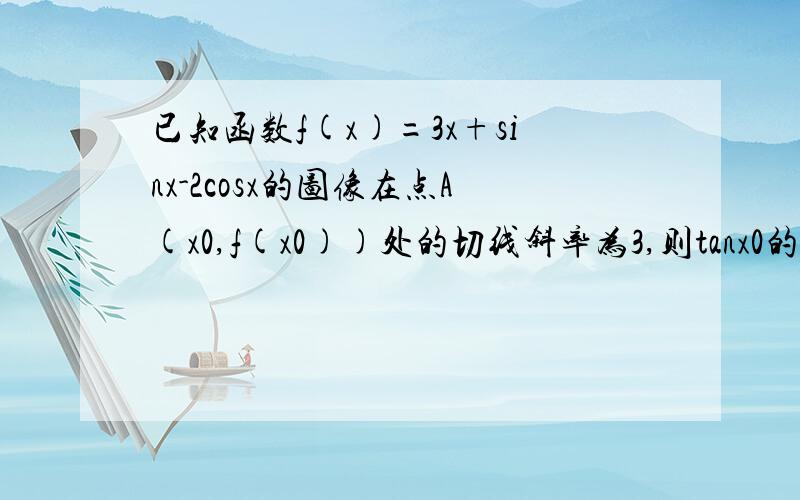 已知函数f(x)=3x+sinx-2cosx的图像在点A(x0,f(x0))处的切线斜率为3,则tanx0的值