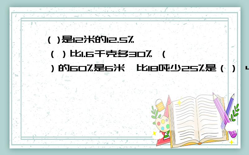 ( )是12米的12.5% （）比1.6千克多30% （）的60%是6米,比18吨少25%是（） 40千克增加15%后是