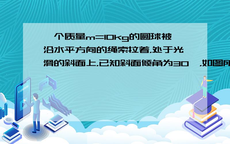 一个质量m=10kg的圆球被沿水平方向的绳索拉着，处于光滑的斜面上，已知斜面倾角为30°，如图所示，求绳索的拉力．（g取