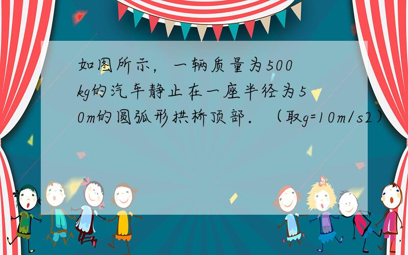 如图所示，一辆质量为500 kg的汽车静止在一座半径为50m的圆弧形拱桥顶部．（取g=10m/s2）