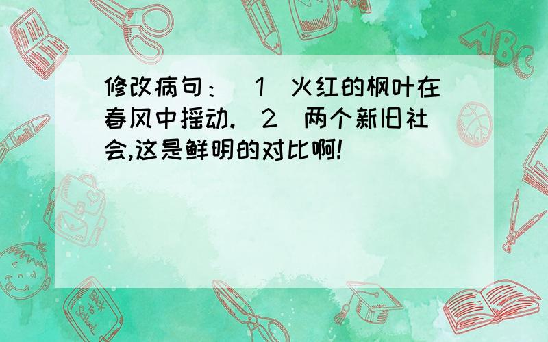 修改病句：（1）火红的枫叶在春风中摇动.（2）两个新旧社会,这是鲜明的对比啊!