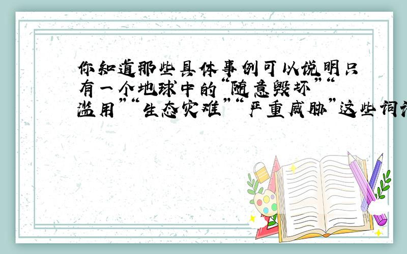 你知道那些具体事例可以说明只有一个地球中的“随意毁坏”“滥用”“生态灾难”“严重威胁”这些词语（写两个）