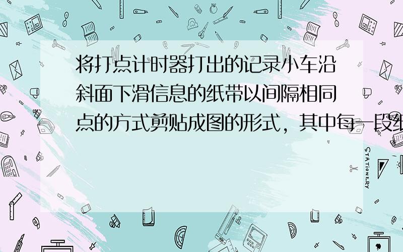 将打点计时器打出的记录小车沿斜面下滑信息的纸带以间隔相同点的方式剪贴成图的形式，其中每一段纸条所表示的时间是0.1s，并