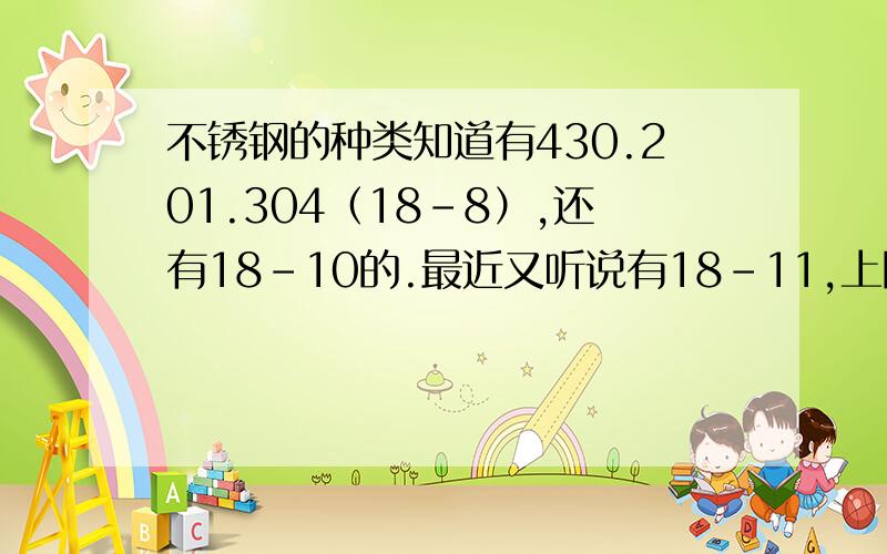 不锈钢的种类知道有430.201.304（18-8）,还有18-10的.最近又听说有18-11,上网一看还有18-12,