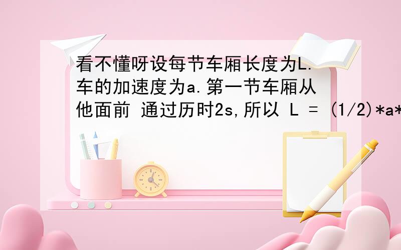 看不懂呀设每节车厢长度为L.车的加速度为a.第一节车厢从他面前 通过历时2s,所以 L = (1/2)*a*t^2 =