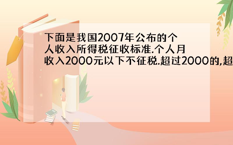 下面是我国2007年公布的个人收入所得税征收标准.个人月收入2000元以下不征税.超过2000的,超过部分