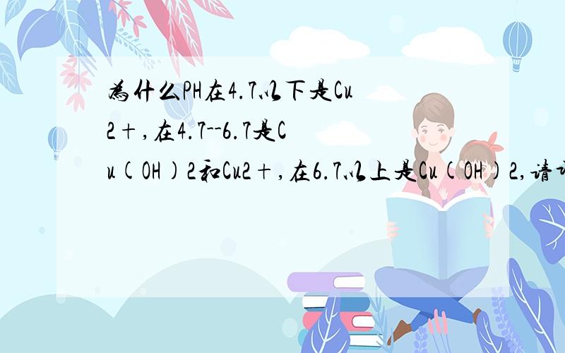 为什么PH在4.7以下是Cu2+,在4.7--6.7是Cu(OH)2和Cu2+,在6.7以上是Cu(OH)2,请详细解释