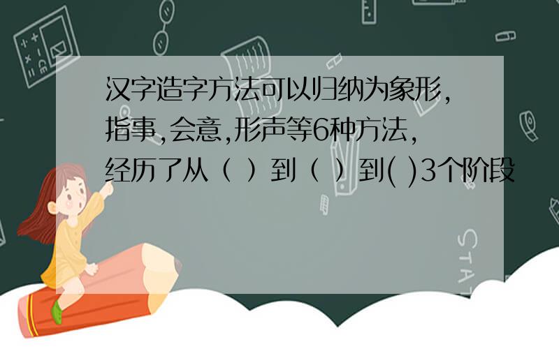 汉字造字方法可以归纳为象形,指事,会意,形声等6种方法,经历了从（ ）到（ ）到( )3个阶段