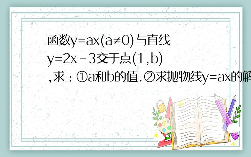 函数y=ax(a≠0)与直线y=2x-3交于点(1,b),求：①a和b的值.②求抛物线y=ax的解析式并求出顶点坐标和对