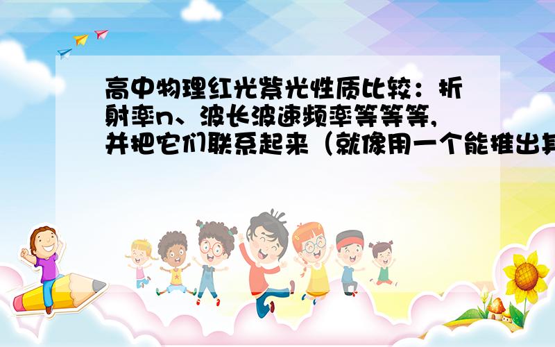 高中物理红光紫光性质比较：折射率n、波长波速频率等等等,并把它们联系起来（就像用一个能推出其它性质大小比较）