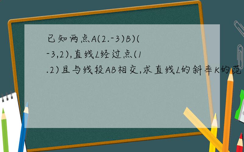 已知两点A(2.-3)B)(-3,2),直线L经过点(1.2)且与线段AB相交,求直线L的斜率K的范围?