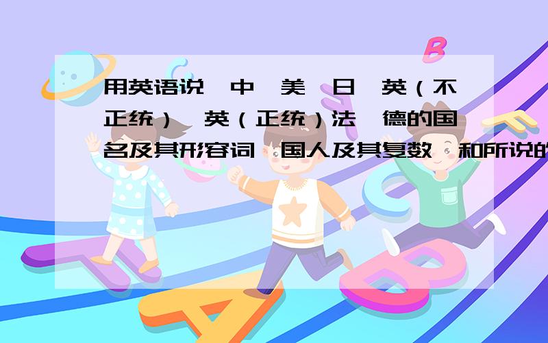 用英语说,中,美,日,英（不正统）,英（正统）法,德的国名及其形容词,国人及其复数,和所说的语言