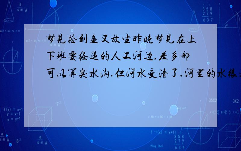 梦见捡到鱼又放生昨晚梦见在上下班要经过的人工河边,差多部可以算臭水沟,但河水变清了,河里的水很浅,很多鱼,鱼在里面很困难