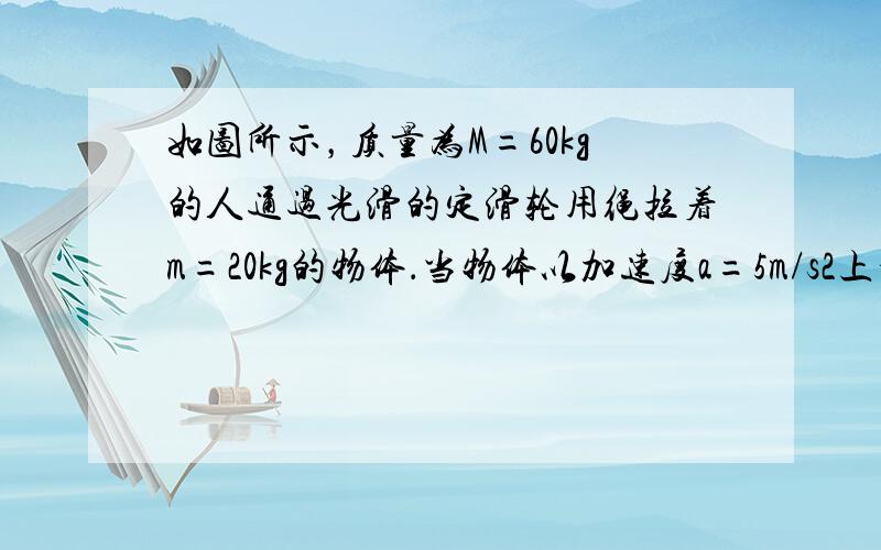 如图所示，质量为M=60kg的人通过光滑的定滑轮用绳拉着m=20kg的物体．当物体以加速度a=5m/s2上升时，人对地面