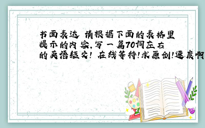 书面表达 请根据下面的表格里提示的内容,写一篇70词左右的英语短文! 在线等待!求原创!速度啊!