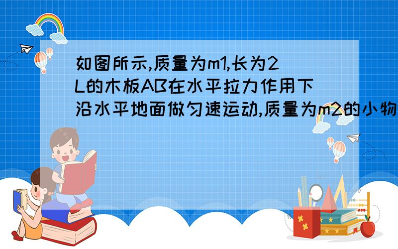 如图所示,质量为m1,长为2L的木板AB在水平拉力作用下沿水平地面做匀速运动,质量为m2的小物块正处于AB中点,速度大小