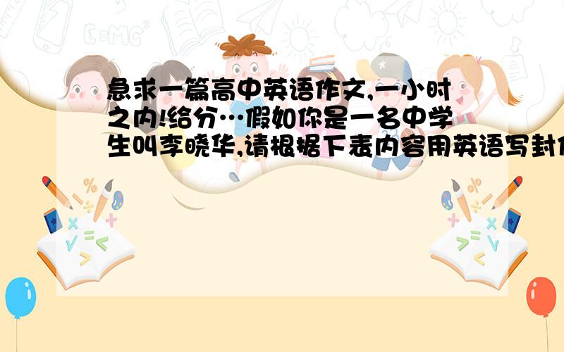 急求一篇高中英语作文,一小时之内!给分…假如你是一名中学生叫李晓华,请根据下表内容用英语写封信