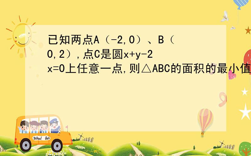 已知两点A（-2,0）、B（0,2）,点C是圆x+y-2x=0上任意一点,则△ABC的面积的最小值是