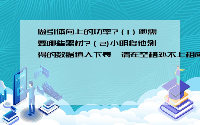 做引体向上的功率?（1）他需要哪些器材?（2)小明将他测得的数据填入下表,请在空格处不上相应的数据