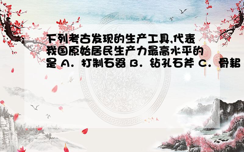 下列考古发现的生产工具,代表我国原始居民生产力最高水平的是 A．打制石器 B．钻孔石斧 C．骨耜 D．铁犁