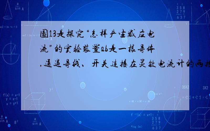 图13是探究“怎样产生感应电流”的实验装置ab是一根导体,通过导线、开关连接在灵敏电流计的两接线柱上.