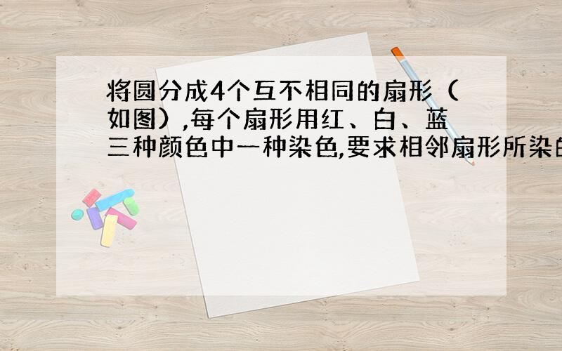 将圆分成4个互不相同的扇形（如图）,每个扇形用红、白、蓝三种颜色中一种染色,要求相邻扇形所染的颜色不同,问有多少种染法?