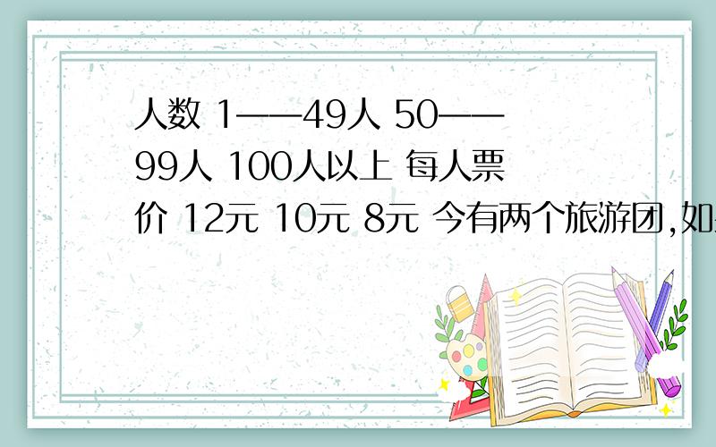 人数 1——49人 50——99人 100人以上 每人票价 12元 10元 8元 今有两个旅游团,如果分别购票,应付11