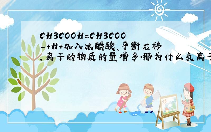 CH3COOH=CH3COO-+H+加入冰醋酸、平衡右移,离子的物质的量增多.那为什么氢离子浓度也增大?