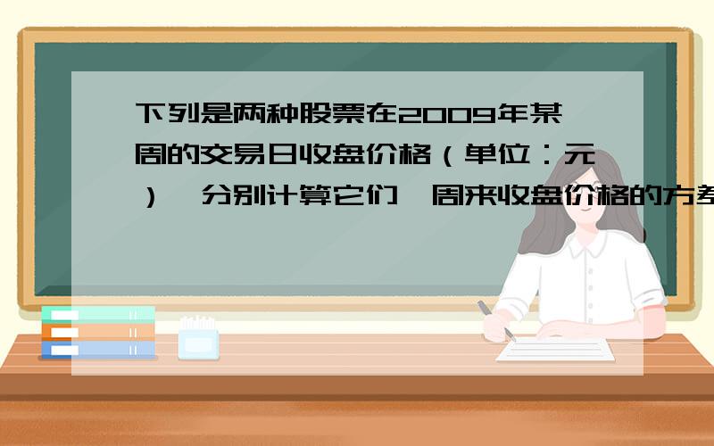 下列是两种股票在2009年某周的交易日收盘价格（单位：元）,分别计算它们一周来收盘价格的方差、极差（结果保留两位小数）