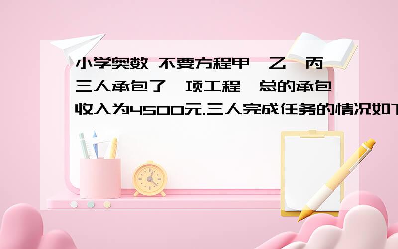 小学奥数 不要方程甲、乙、丙三人承包了一项工程,总的承包收入为4500元.三人完成任务的情况如下：甲、乙两人合干6天完成