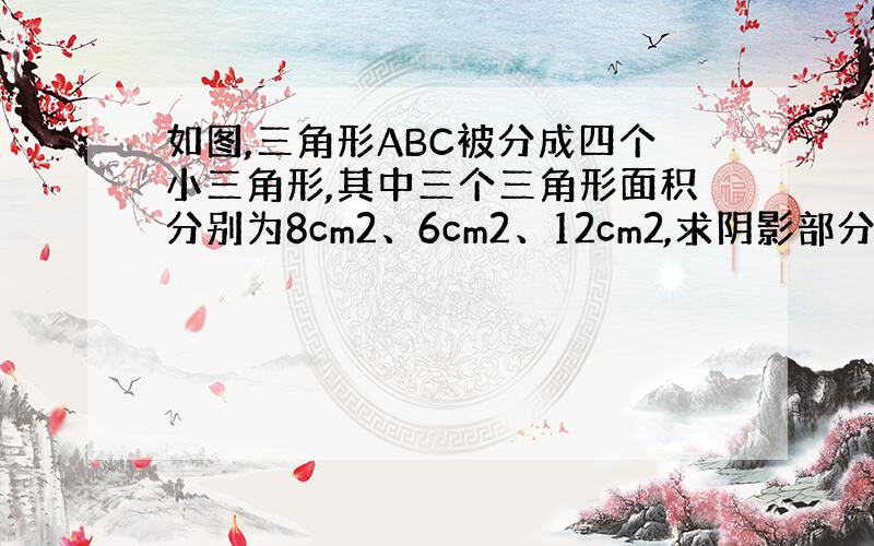 如图,三角形ABC被分成四个小三角形,其中三个三角形面积分别为8cm2、6cm2、12cm2,求阴影部分面积.