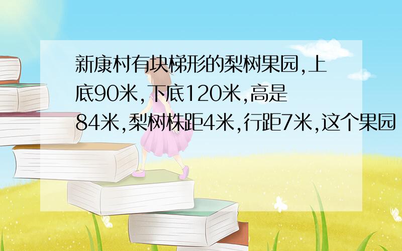 新康村有块梯形的梨树果园,上底90米,下底120米,高是84米,梨树株距4米,行距7米,这个果园