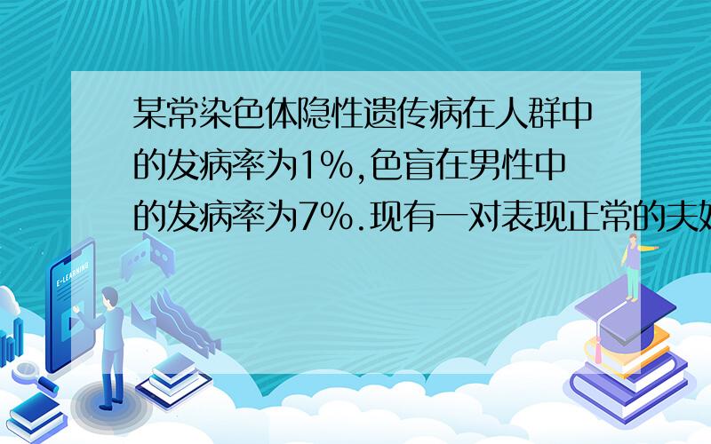 某常染色体隐性遗传病在人群中的发病率为1％,色盲在男性中的发病率为7％.现有一对表现正常的夫妇,妻子为该常染色体遗传病基