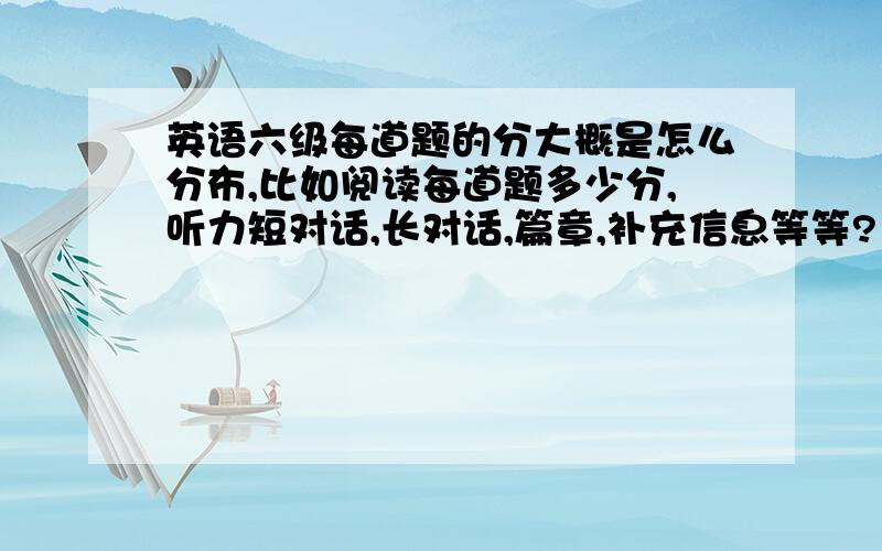 英语六级每道题的分大概是怎么分布,比如阅读每道题多少分,听力短对话,长对话,篇章,补充信息等等?