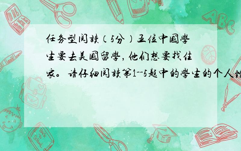 任务型阅读（5分）五位中国学生要去美国留学，他们想要找住家。请仔细阅读第1--5题中的学生的个人情况说明，并从A至F六个