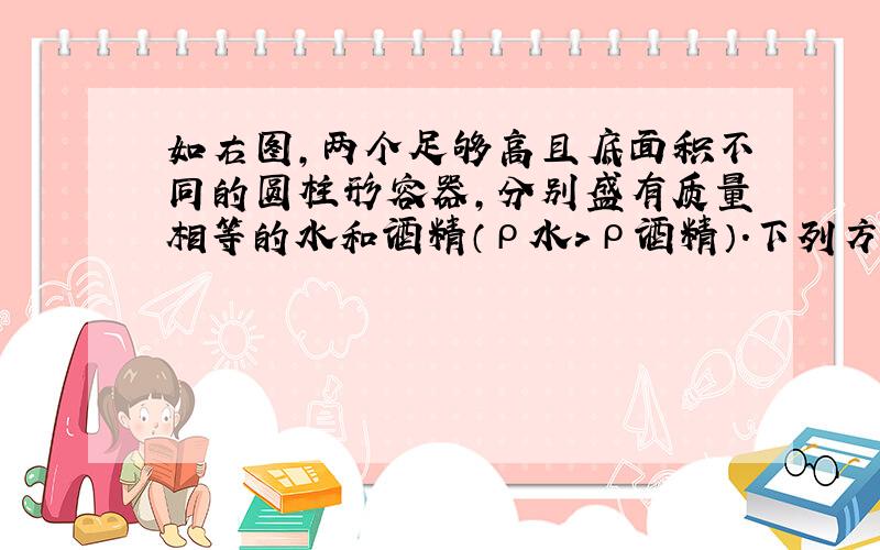 如右图，两个足够高且底面积不同的圆柱形容器，分别盛有质量相等的水和酒精（ρ水＞ρ酒精）.下列方法中，可能使水和酒精对容器