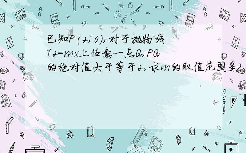 已知P(2,0),对于抛物线Y2=mx上任意一点Q,PQ的绝对值大于等于2,求m的取值范围是?