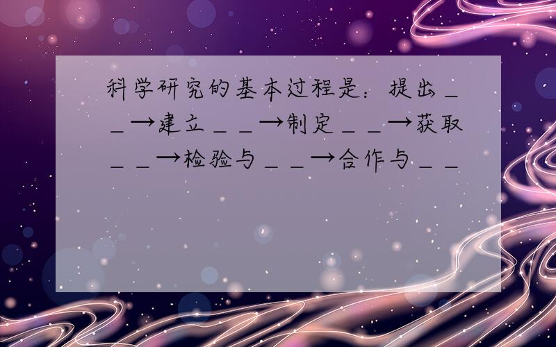 科学研究的基本过程是：提出＿＿→建立＿＿→制定＿＿→获取＿＿→检验与＿＿→合作与＿＿