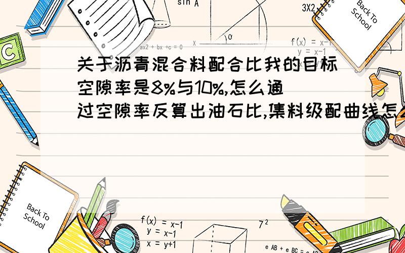 关于沥青混合料配合比我的目标空隙率是8%与10%,怎么通过空隙率反算出油石比,集料级配曲线怎么调?是在实验室用,材料各挡