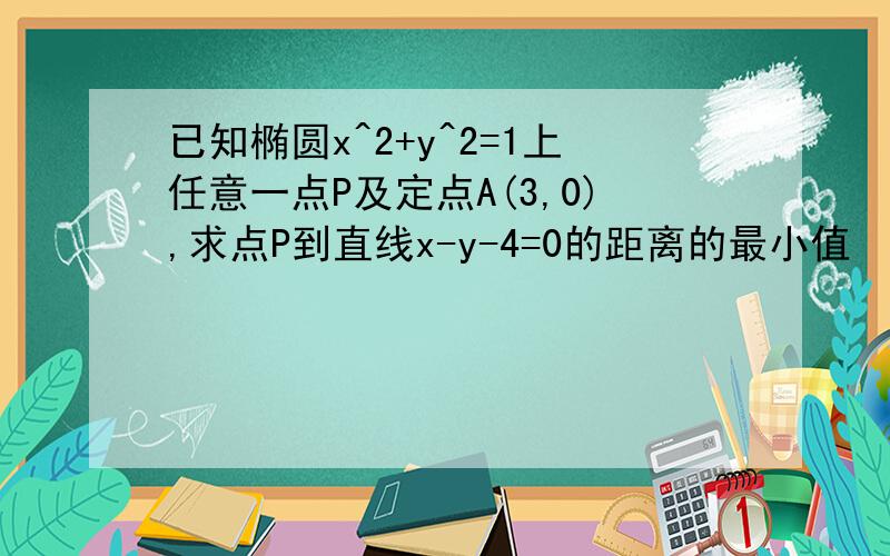 已知椭圆x^2+y^2=1上任意一点P及定点A(3,0),求点P到直线x-y-4=0的距离的最小值