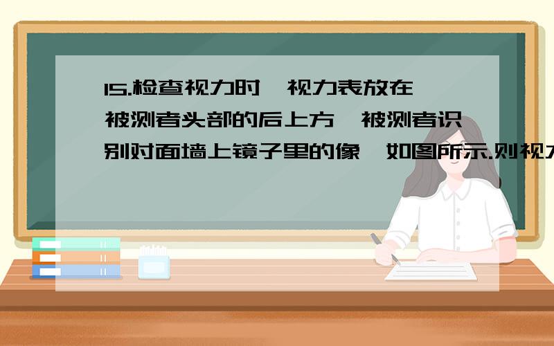 15.检查视力时,视力表放在被测者头部的后上方,被测者识别对面墙上镜子里的像,如图所示.则视力表在镜中的像与被测者的距离