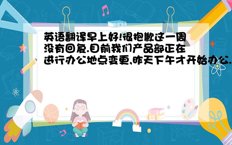 英语翻译早上好!很抱歉这一周没有回复.目前我们产品部正在进行办公地点变更,昨天下午才开始办公.关于你的问题1：图纸、认可