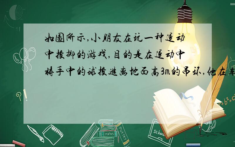 如图所示,小朋友在玩一种运动中投掷的游戏,目的是在运动中将手中的球投进离地面高3m的吊环,他在车上和车一起以2m/s的速