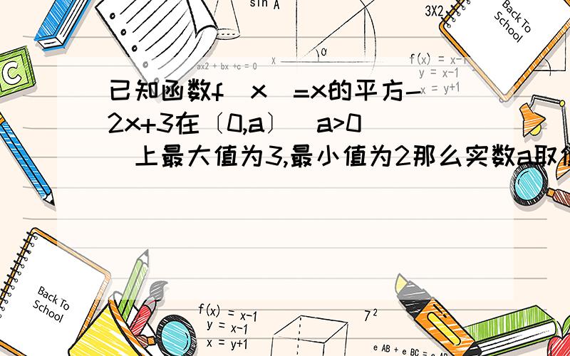 已知函数f(x)=x的平方-2x+3在〔0,a〕（a>0)上最大值为3,最小值为2那么实数a取值范围＿＿＿