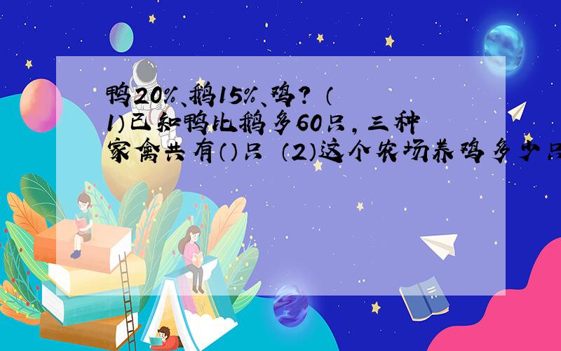 鸭20％、鹅15％、鸡? （1）已知鸭比鹅多60只,三种家禽共有（）只 （2）这个农场养鸡多少只?