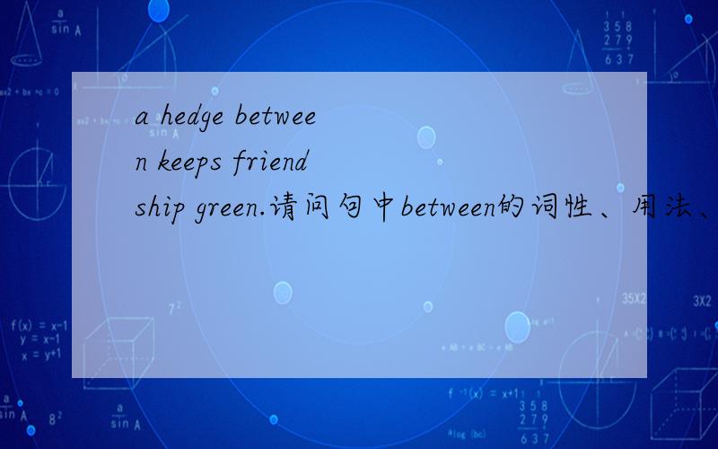 a hedge between keeps friendship green.请问句中between的词性、用法、修饰谁