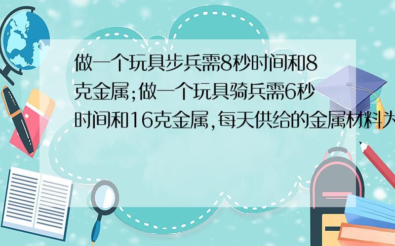 做一个玩具步兵需8秒时间和8克金属;做一个玩具骑兵需6秒时间和16克金属,每天供给的金属材料为64千克,问每天做步兵和骑