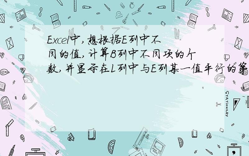 Excel中,想根据E列中不同的值,计算B列中不同项的个数,并显示在L列中与E列某一值平行的第一行,跪求公式