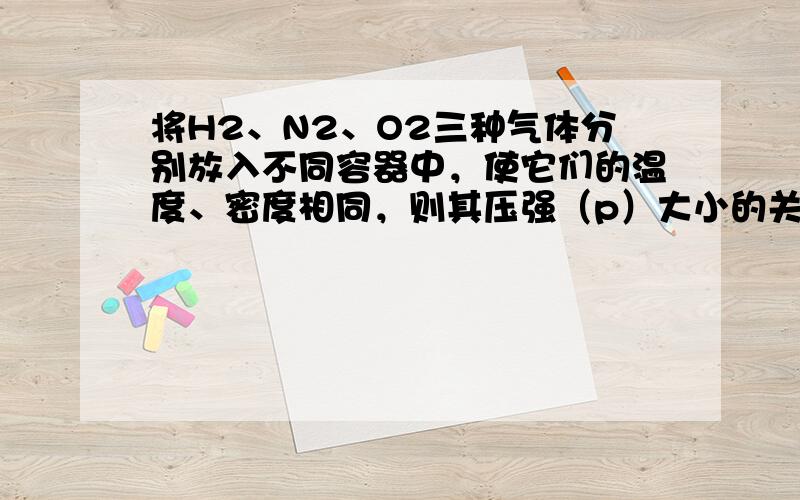 将H2、N2、O2三种气体分别放入不同容器中，使它们的温度、密度相同，则其压强（p）大小的关系，符合（　　）